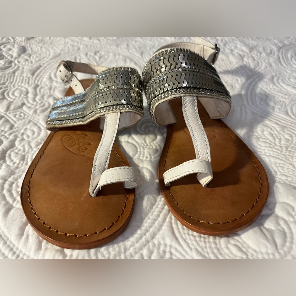 Naughty Monkey White Leather Sandals with Metallic Beading, Size 6.5